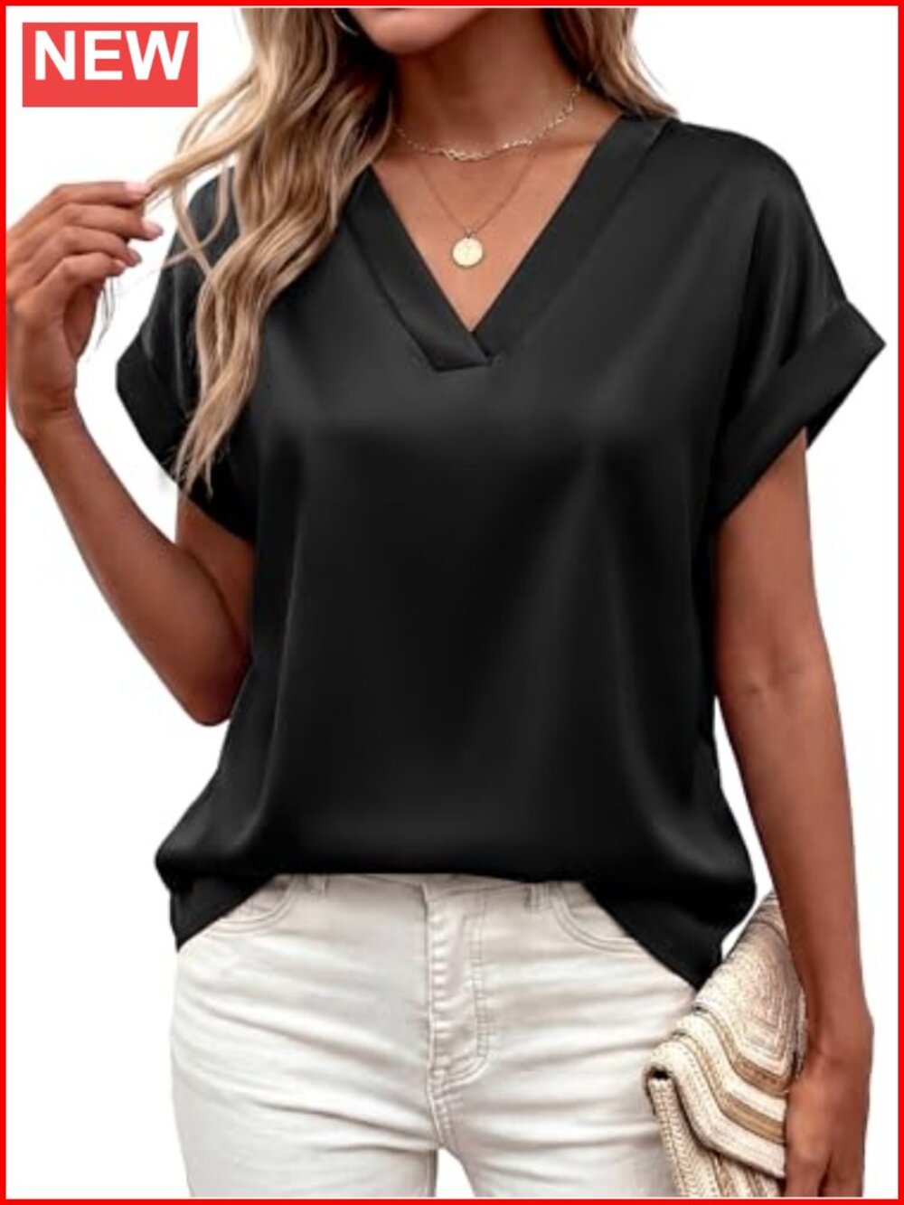 Womens Satin Blouse V Neck Short Sleeve Loose Fit Dressy Work Shirt